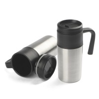 Caneca em aço inox de 350ml com tampa plástica.